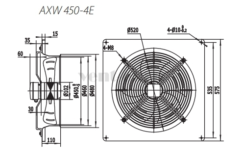 Габаритные размеры осевого вентилятора AXW 450-4E