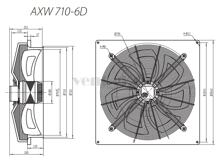 Габаритные размеры осевого вентилятора AXW 710-6D