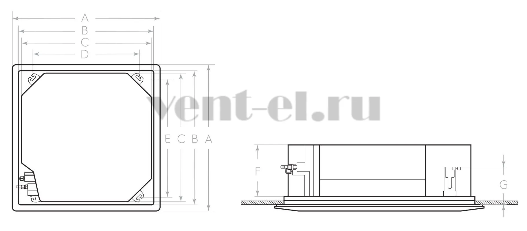 Габаритные и монтажные размеры внутреннего блока EACC-18H/UP3/N3