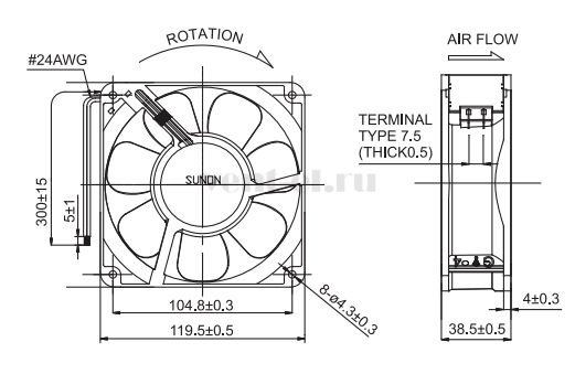 Габаритные размеры Sunon A1123-HSL-7.GN Габаритные размеры Sunon A1123-HSL-7.GN