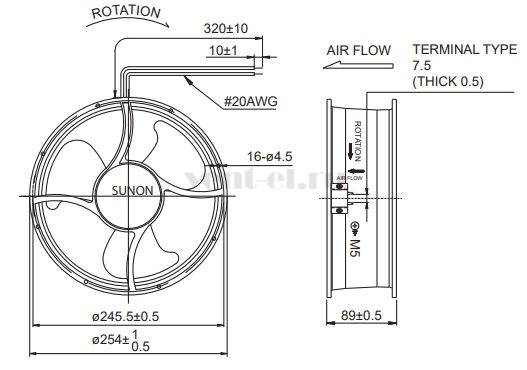 Габаритные размеры Sunon A1259-MBL-TC-N.GN Габаритные размеры Sunon A1259-MBL-TC-N.GN