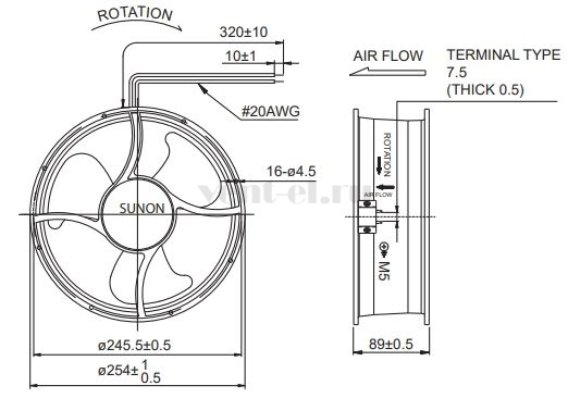 Габаритные размеры Sunon A1259-XBT-TC-N.GN Габаритные размеры Sunon A1259-XBT-TC-N.GN