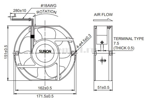 Габаритные размеры Sunon A2175-HBL-T.GN