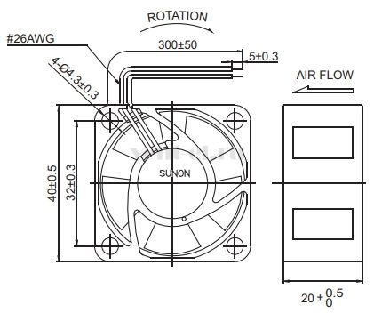 Габаритные размеры Sunon EB40200S1-000U-999 Габаритные размеры Sunon EB40200S1-000U-999