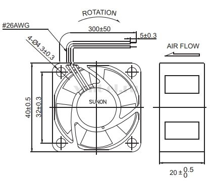 Габаритные размеры Sunon EB40200S2-000U-999 Габаритные размеры Sunon EB40200S2-000U-999