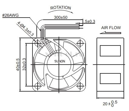 Габаритные размеры Sunon EB40202S1-000U-999 Габаритные размеры Sunon EB40202S1-000U-999