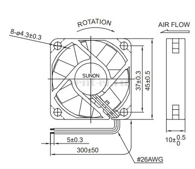 Габаритные размеры Sunon EB45100S2-000U-999 Габаритные размеры Sunon EB45100S2-000U-999