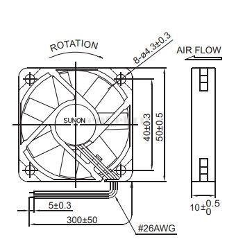 Габаритные размеры Sunon EE50100S1-000U-A99 Габаритные размеры Sunon EE50100S1-000U-A99