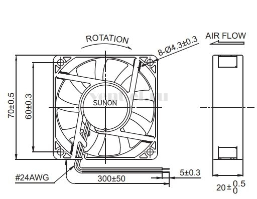 Габаритные размеры Sunon EE70202S1-000U-A99 Габаритные размеры Sunon EE70202S1-000U-A99