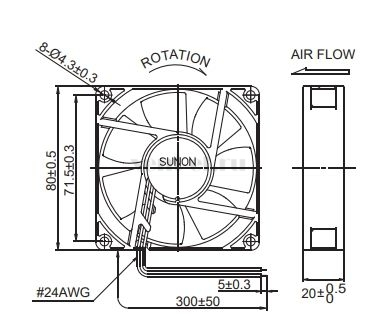 Габаритные размеры Sunon EE80202S1-000U-A99