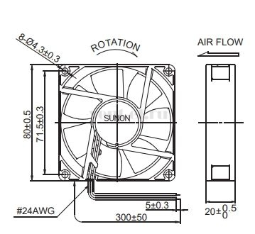 Габаритные размеры Sunon EE80202S2-000U-999 Габаритные размеры Sunon EE80202S2-000U-999