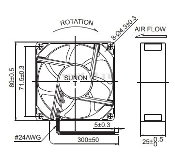 Габаритные размеры Sunon EE80252BX-000U-A99