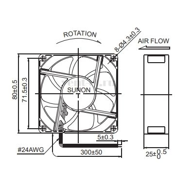 Габаритные размеры Sunon EE80252S2-000U-999 Габаритные размеры Sunon EE80252S2-000U-999