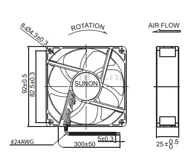 Габаритные размеры Sunon EE92252B3-000U-999 Габаритные размеры Sunon EE92252B3-000U-999