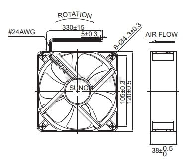 Габаритные размеры Sunon EEC0384B2-000U-A99 Габаритные размеры Sunon EEC0384B2-000U-A99
