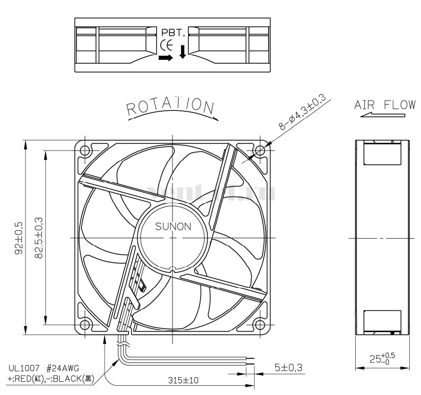 Габаритные размеры Sunon GE92254B2-000U-AE9