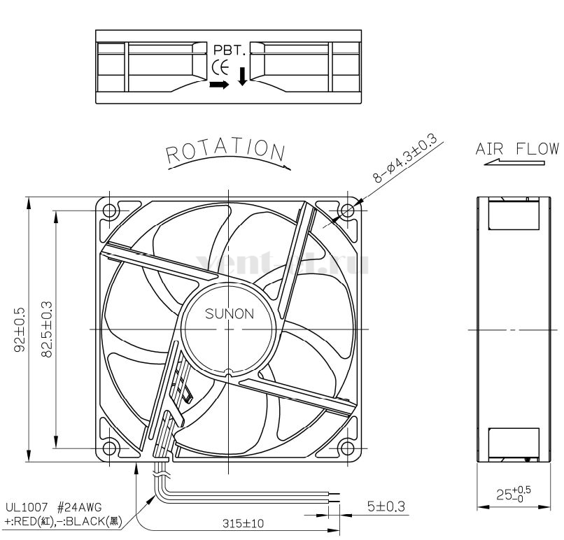 Габаритные размеры Sunon GE92254B3-000U-AE9