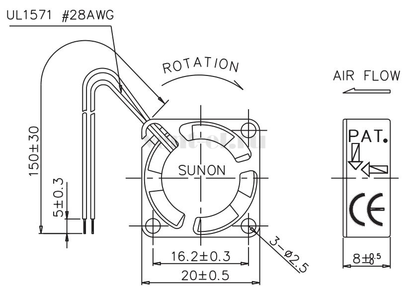 Габаритные размеры Sunon GM0501PDB1-8 Габаритные размеры Sunon GM0501PDB1-8