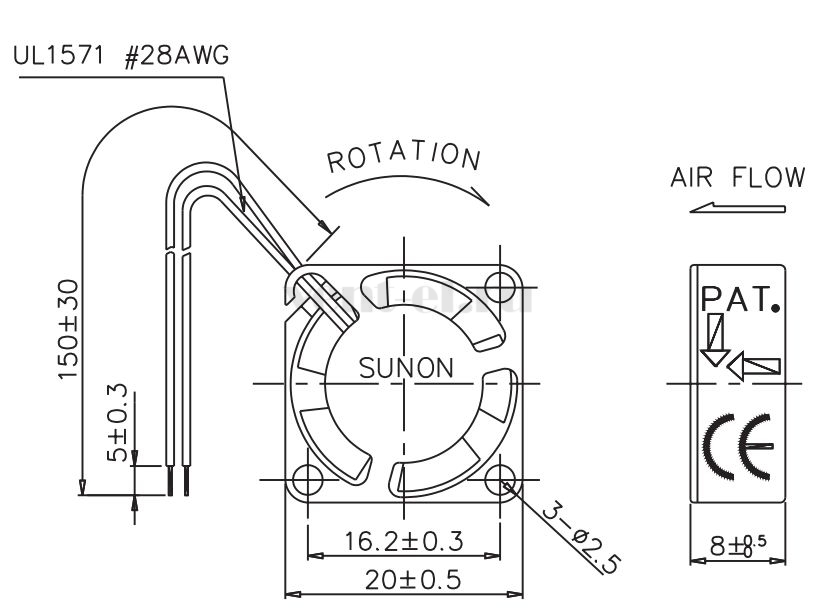 Габаритные размеры Sunon GM0501PDB2-8 Габаритные размеры Sunon GM0501PDB2-8