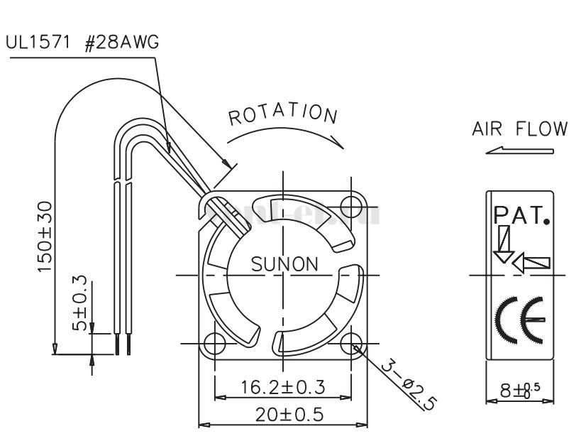 Габаритные размеры Sunon GM0501PDB3-8 Габаритные размеры Sunon GM0501PDB3-8