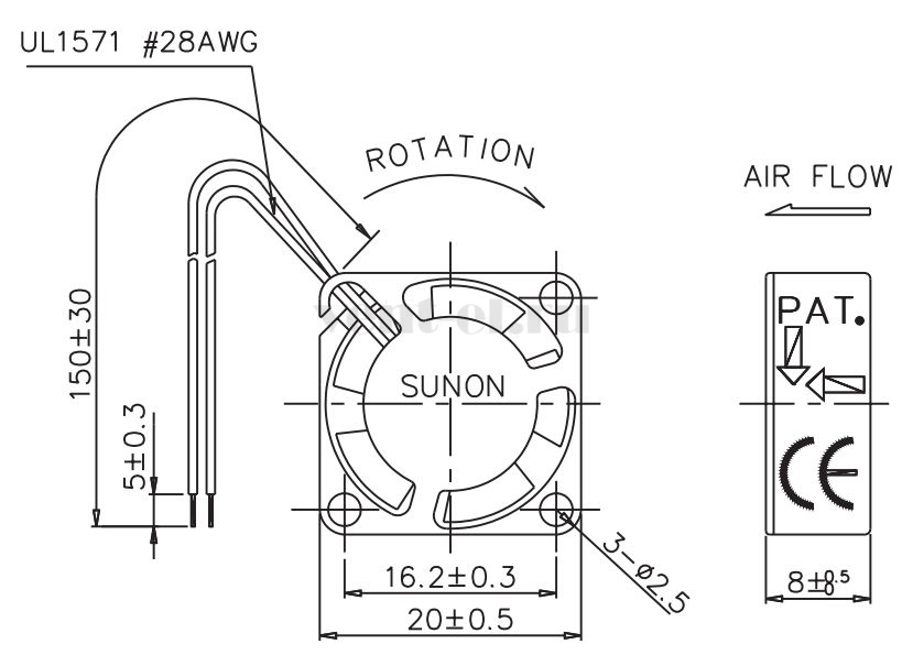 Габаритные размеры Sunon GM0501PDV1-8 Габаритные размеры Sunon GM0501PDV1-8