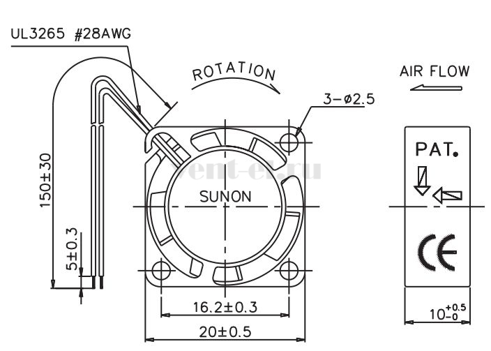 Габаритные размеры Sunon GM0501PFB1-8 Габаритные размеры Sunon GM0501PFB1-8