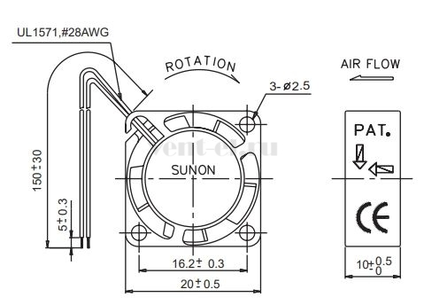 Габаритные размеры Sunon GM0501PFV1-8 Габаритные размеры Sunon GM0501PFV1-8