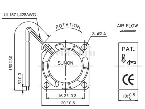 Габаритные размеры Sunon GM0501PFV2-8 Габаритные размеры Sunon GM0501PFV2-8
