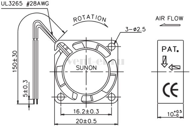 Габаритные размеры Sunon GM0501PFV3-8 Габаритные размеры Sunon GM0501PFV3-8