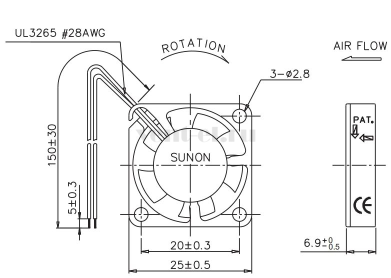 Габаритные размеры Sunon GM0502PEB1-8 Габаритные размеры Sunon GM0502PEB1-8