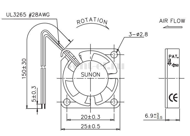 Габаритные размеры Sunon GM0502PEB2-8 Габаритные размеры Sunon GM0502PEB2-8