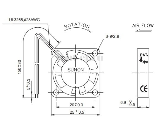 Габаритные размеры Sunon GM0502PEV2-8 Габаритные размеры Sunon GM0502PEV2-8