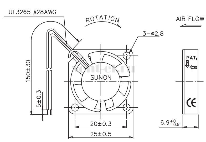 Габаритные размеры Sunon GM0502PEV3-8 Габаритные размеры Sunon GM0502PEV3-8