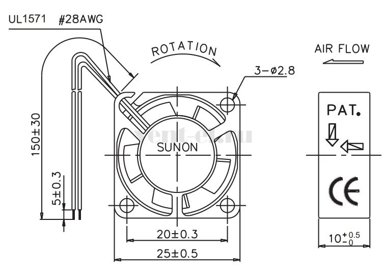 Габаритные размеры Sunon GM0502PFB1-8 Габаритные размеры Sunon GM0502PFB1-8