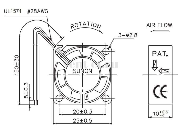 Габаритные размеры Sunon GM0502PFB2-8 Габаритные размеры Sunon GM0502PFB2-8