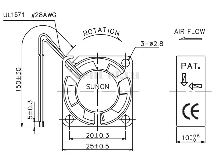 Габаритные размеры Sunon GM0502PFB3-8 Габаритные размеры Sunon GM0502PFB3-8