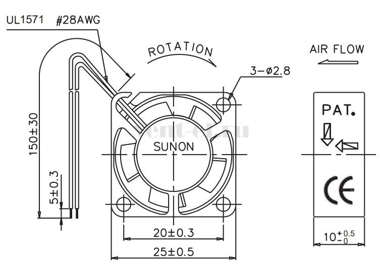 Габаритные размеры Sunon GM0502PFV3-8 Габаритные размеры Sunon GM0502PFV3-8