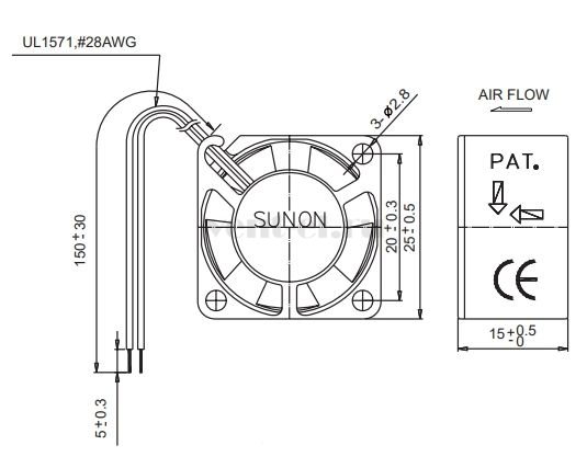 Габаритные размеры Sunon GM0502PHV2-8 Габаритные размеры Sunon GM0502PHV2-8