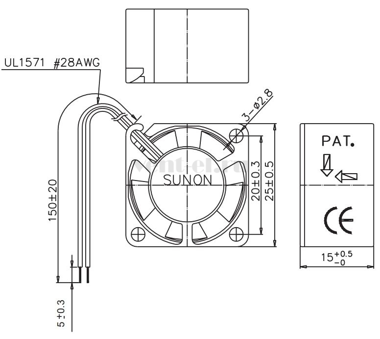Габаритные размеры Sunon GM0502PHV3-8 Габаритные размеры Sunon GM0502PHV3-8