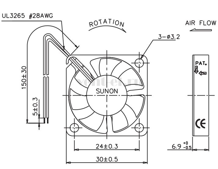 Габаритные размеры Sunon GM0503PEV3-8