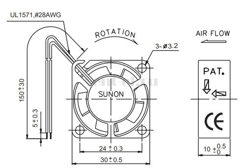 Габаритные размеры Sunon GM0503PFV1-8 Габаритные размеры Sunon GM0503PFV1-8