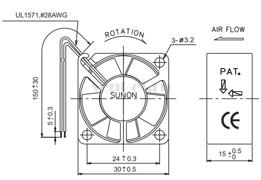 Габаритные размеры Sunon GM0503PHV2-8 Габаритные размеры Sunon GM0503PHV2-8