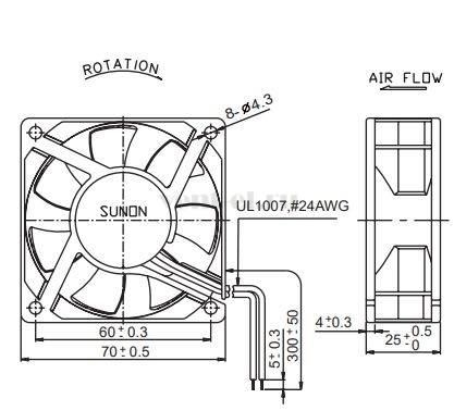 Габаритные размеры Sunon KD2407PTB2
