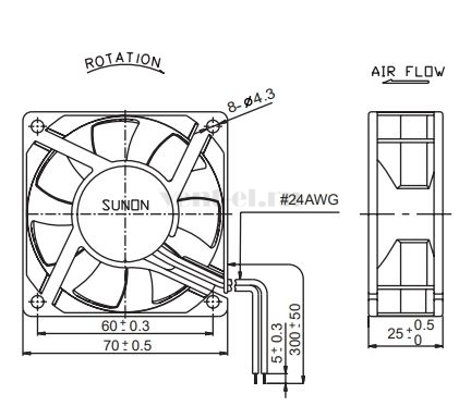 Габаритные размеры Sunon KD2407PTB3 Габаритные размеры Sunon KD2407PTB3