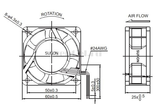 Габаритные размеры Sunon MA1062-HVL.GN