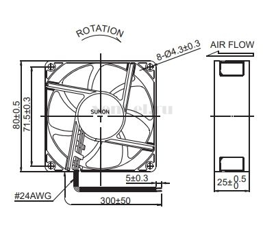 Габаритные размеры Sunon PE80254V1-000U-A99 Габаритные размеры Sunon PE80254V1-000U-A99