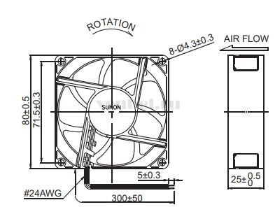 Габаритные размеры Sunon PE80254V2-000U-A99 Габаритные размеры Sunon PE80254V2-000U-A99