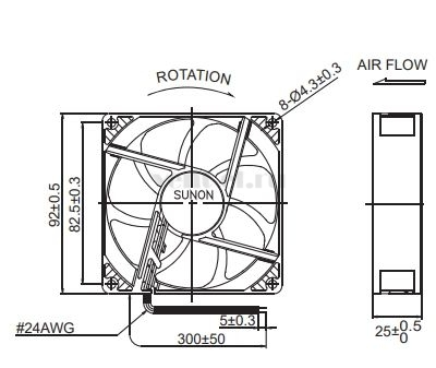 Габаритные размеры Sunon PE92254B2-000U-A99 Габаритные размеры Sunon PE92254B2-000U-A99