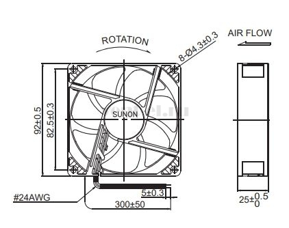 Габаритные размеры Sunon PE92254V1-000U-A99 Габаритные размеры Sunon PE92254V1-000U-A99