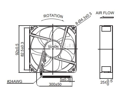 Габаритные размеры Sunon PE92254V3-000U-A99 Габаритные размеры Sunon PE92254V3-000U-A99